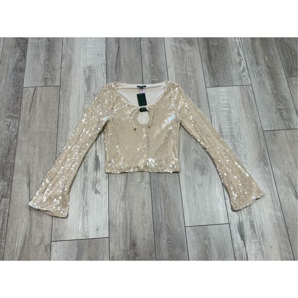 Wild Fable sequin holiday bell sleeve semi crop top elegant bling cream blouse s - Picture 1 of 10